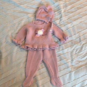 3 piece layette set with rabbit fur detail